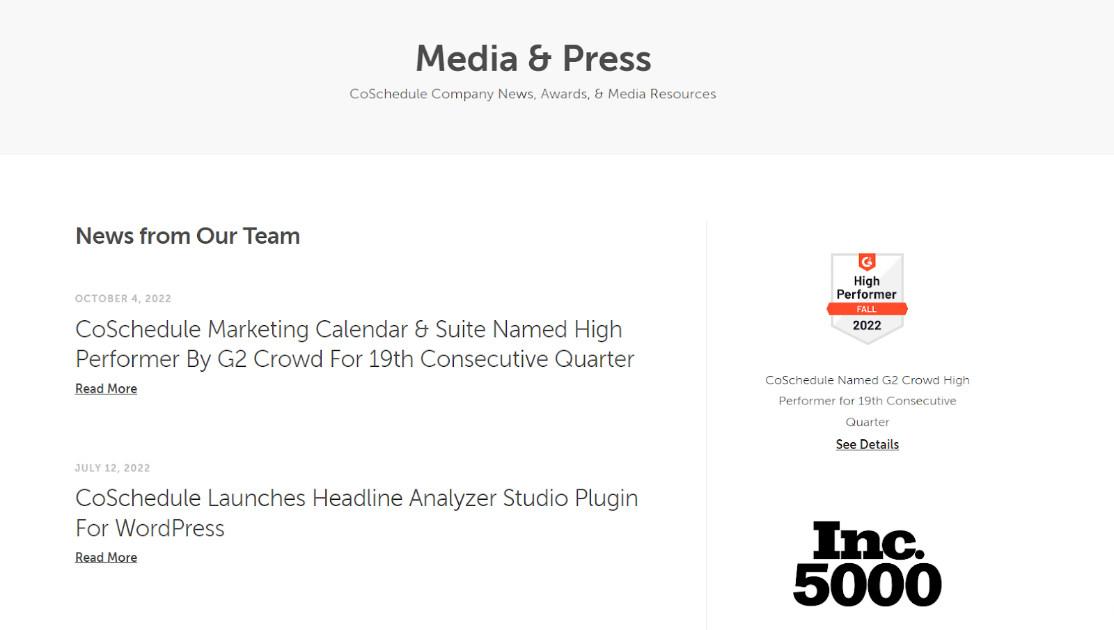 Screen shot of CoSchedule's press page