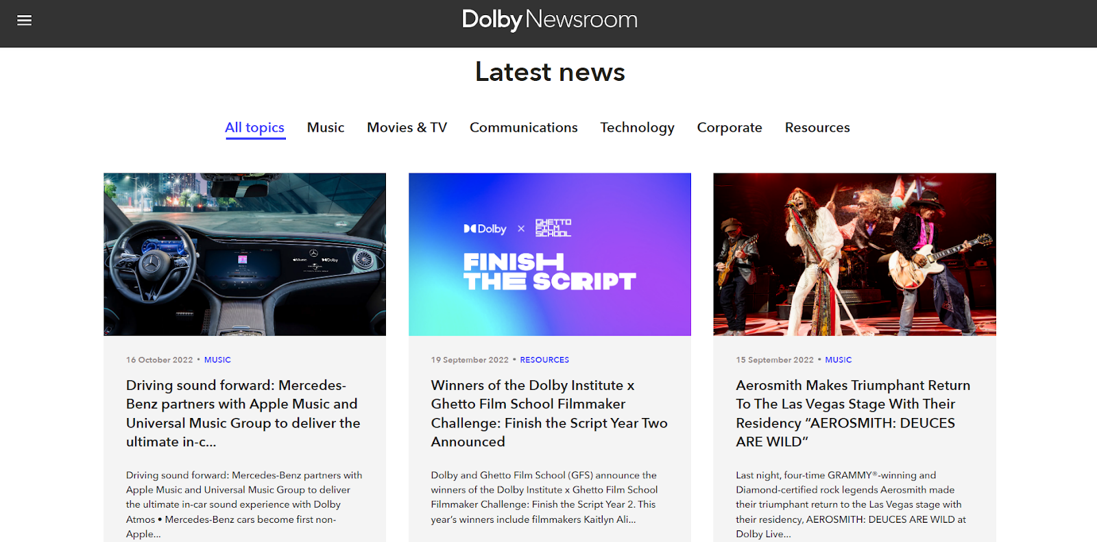 Screen shot of Dolby's press page