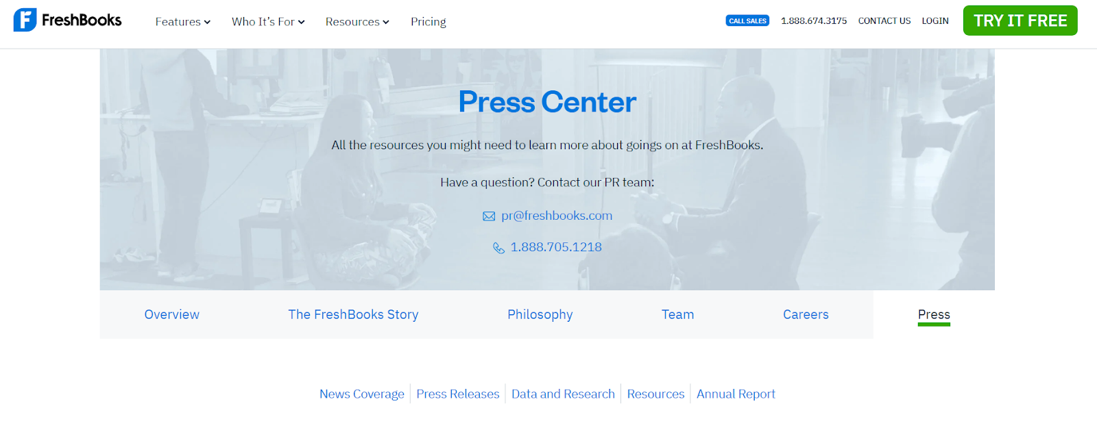 Screen shot of FreshBooks's press page